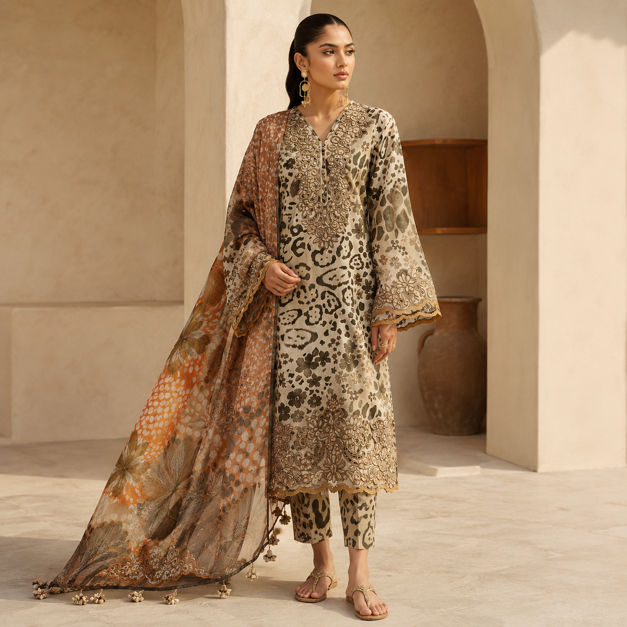 Beige Animal Print Embroidered 3 Piece Unstitched Lawn Suit – image 2 of 3