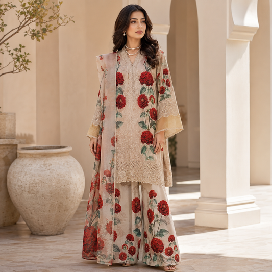 Beige Floral Embroidered 3 Piece Unstitched Lawn Suit – image 1 of 3