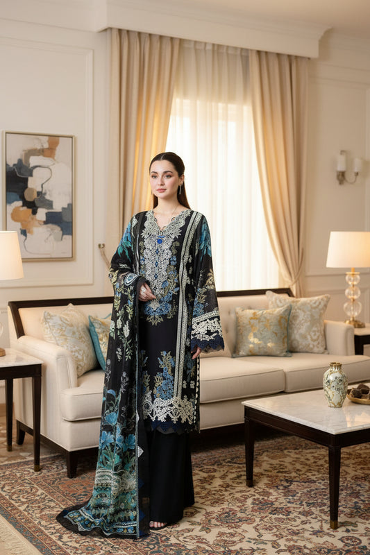 Black Blue Floral Lace Embroidered 3 Piece Lawn Suit – Inspired by Jade – image 2 of 6