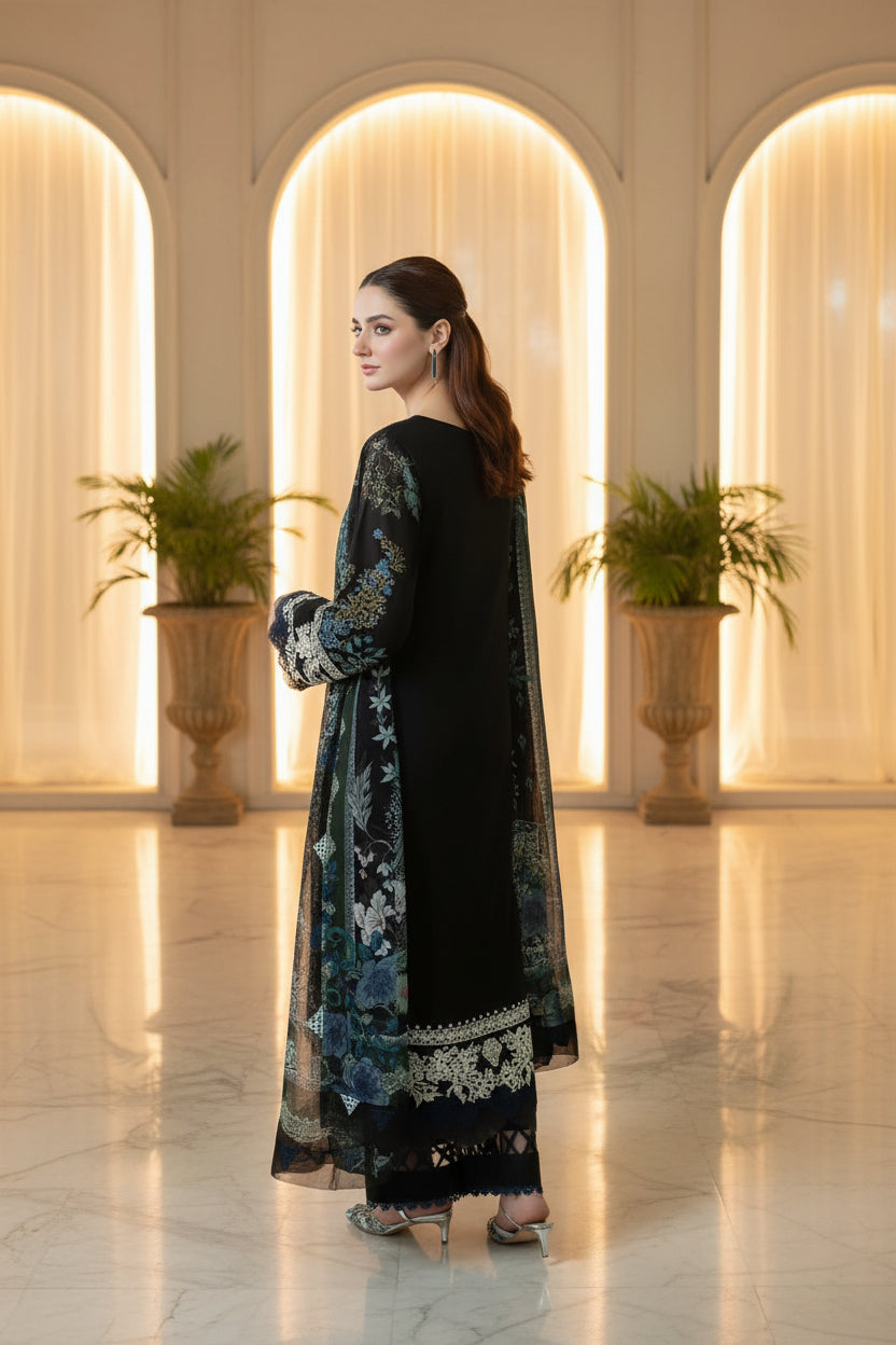 Jade Black Blue Floral Lace Embroidered 3 Piece Lawn Suit – image 3 of 6