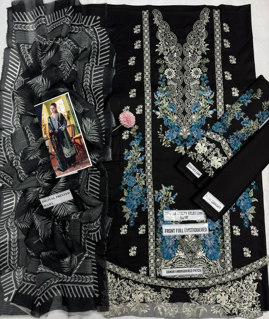 Jade Black Blue Floral Lace Embroidered 3 Piece Lawn Suit – image 4 of 6
