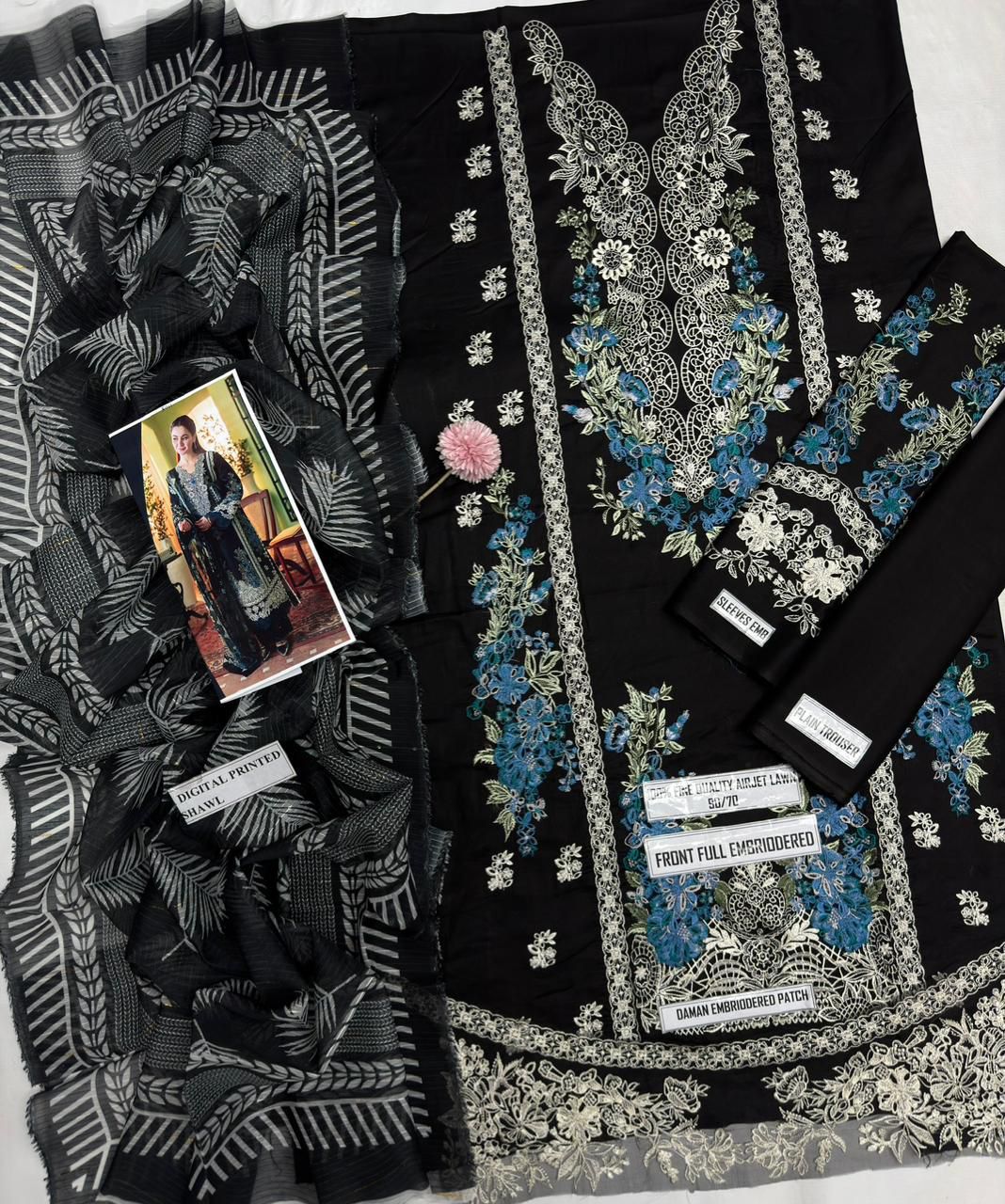 Jade Black Blue Floral Lace Embroidered 3 Piece Lawn Suit – image 5 of 6