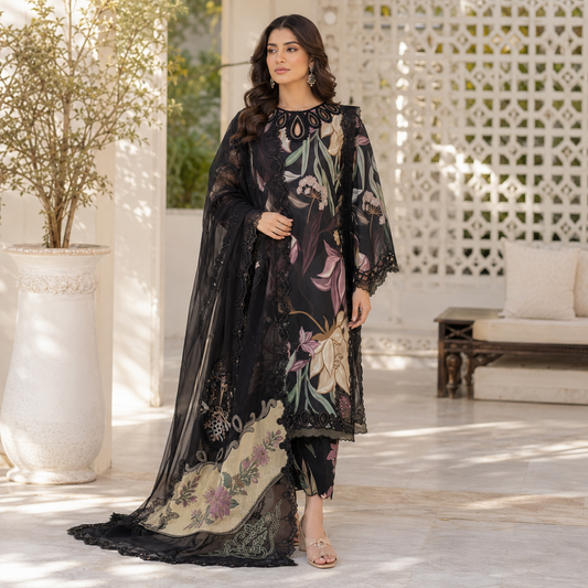Black Floral Digital Print 3 Piece Lawn Suit – Inspired by Baroque – image 1 of 3
