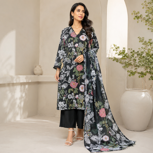 Black Floral Digital Print 3 Piece Lawn Suit – Inspired by Khaadi – image 1 of 2
