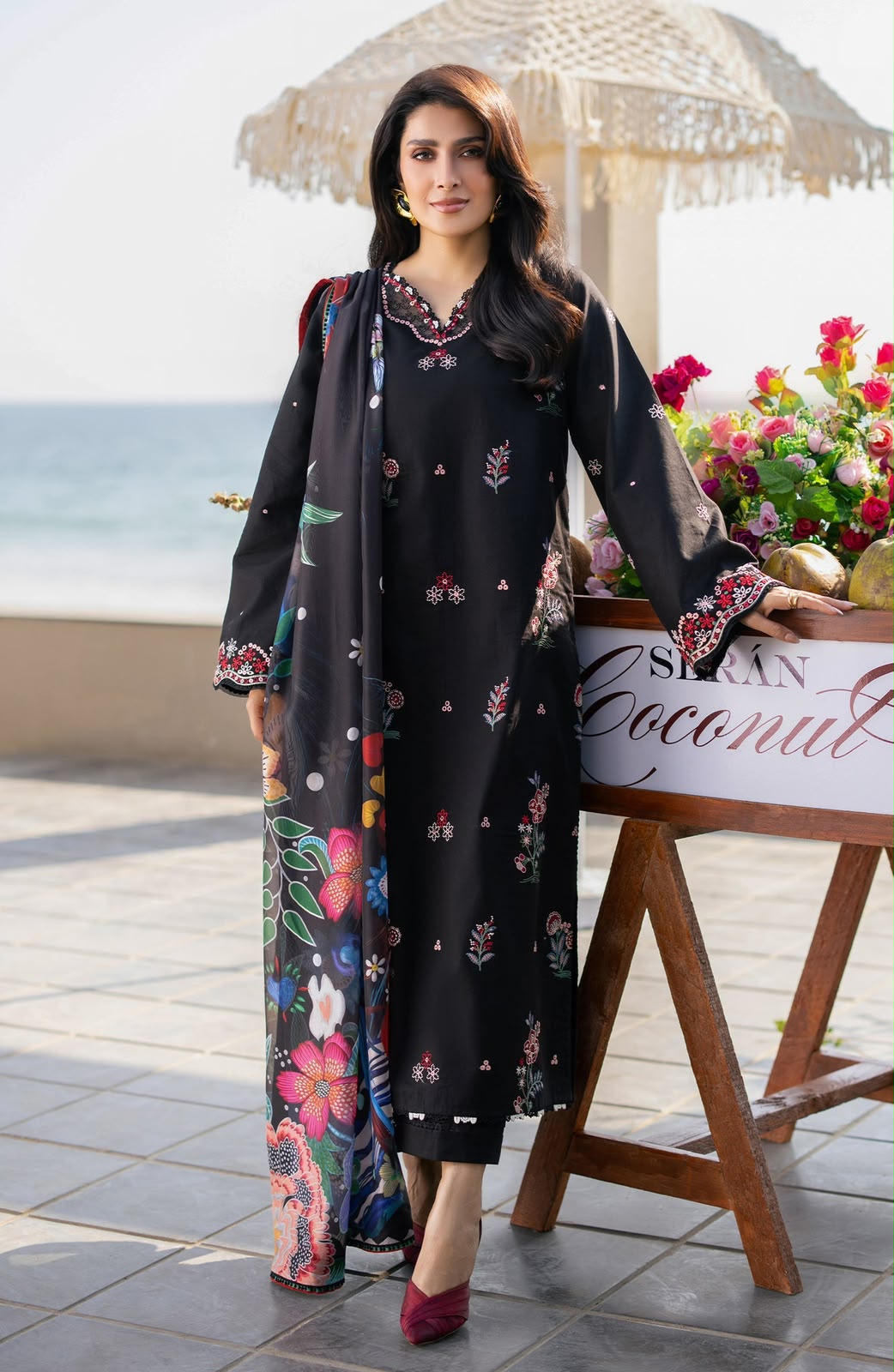 Black Floral Heavy Embroidered Unstitched Dhanak 3 Piece Suit with Digital Printed Shawl - front view