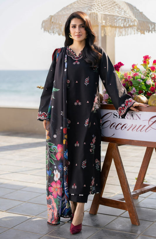 Black Floral Heavy Embroidered Unstitched Dhanak 3 Piece Suit with Digital Printed Shawl - front view