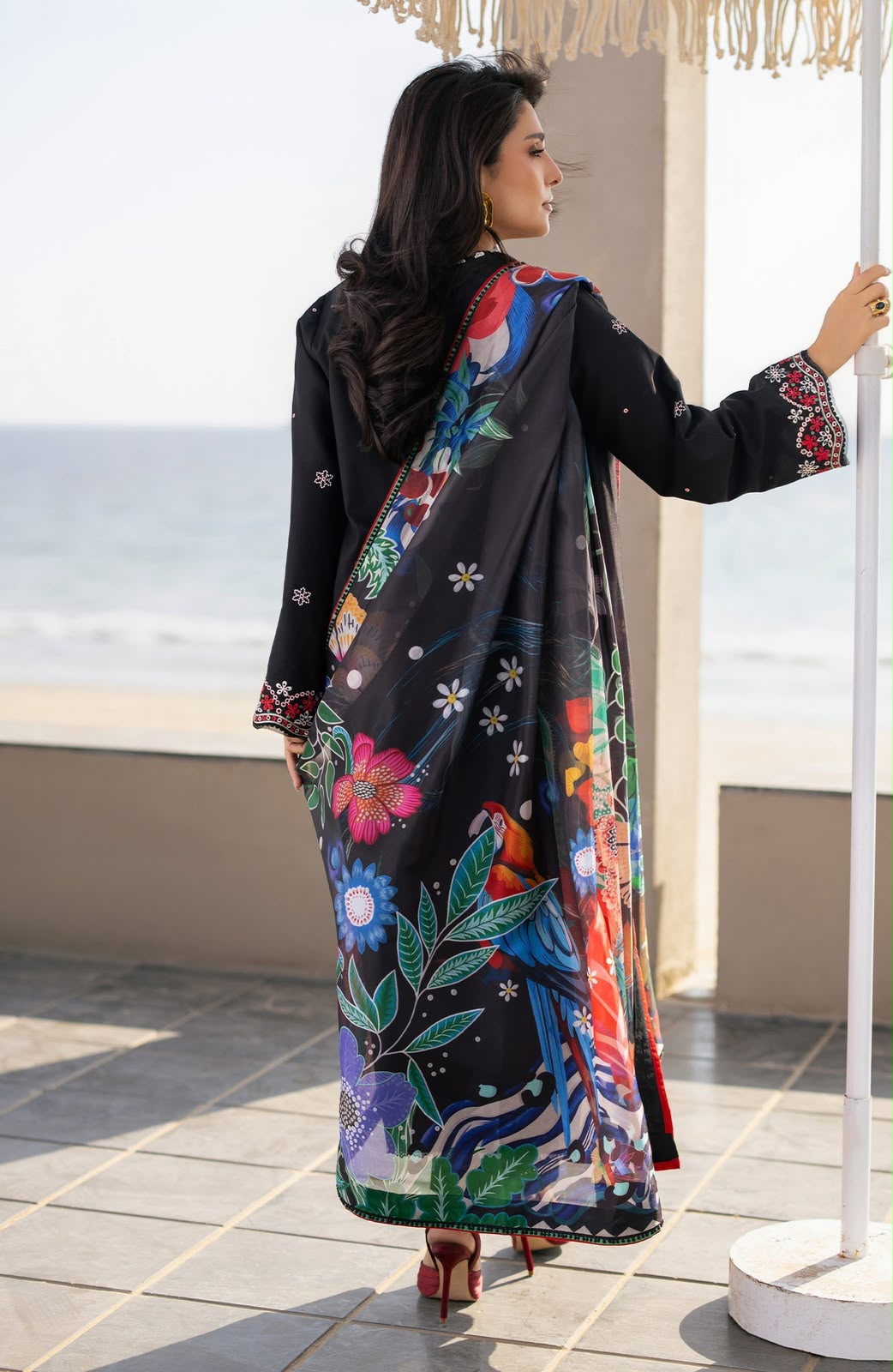 Black Floral Heavy Embroidered Unstitched Dhanak 3 Piece Suit with Digital Printed Shawl - side view