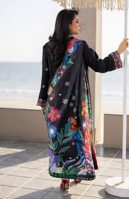 Black Floral Heavy Embroidered Unstitched Dhanak 3 Piece Suit with Digital Printed Shawl - side view