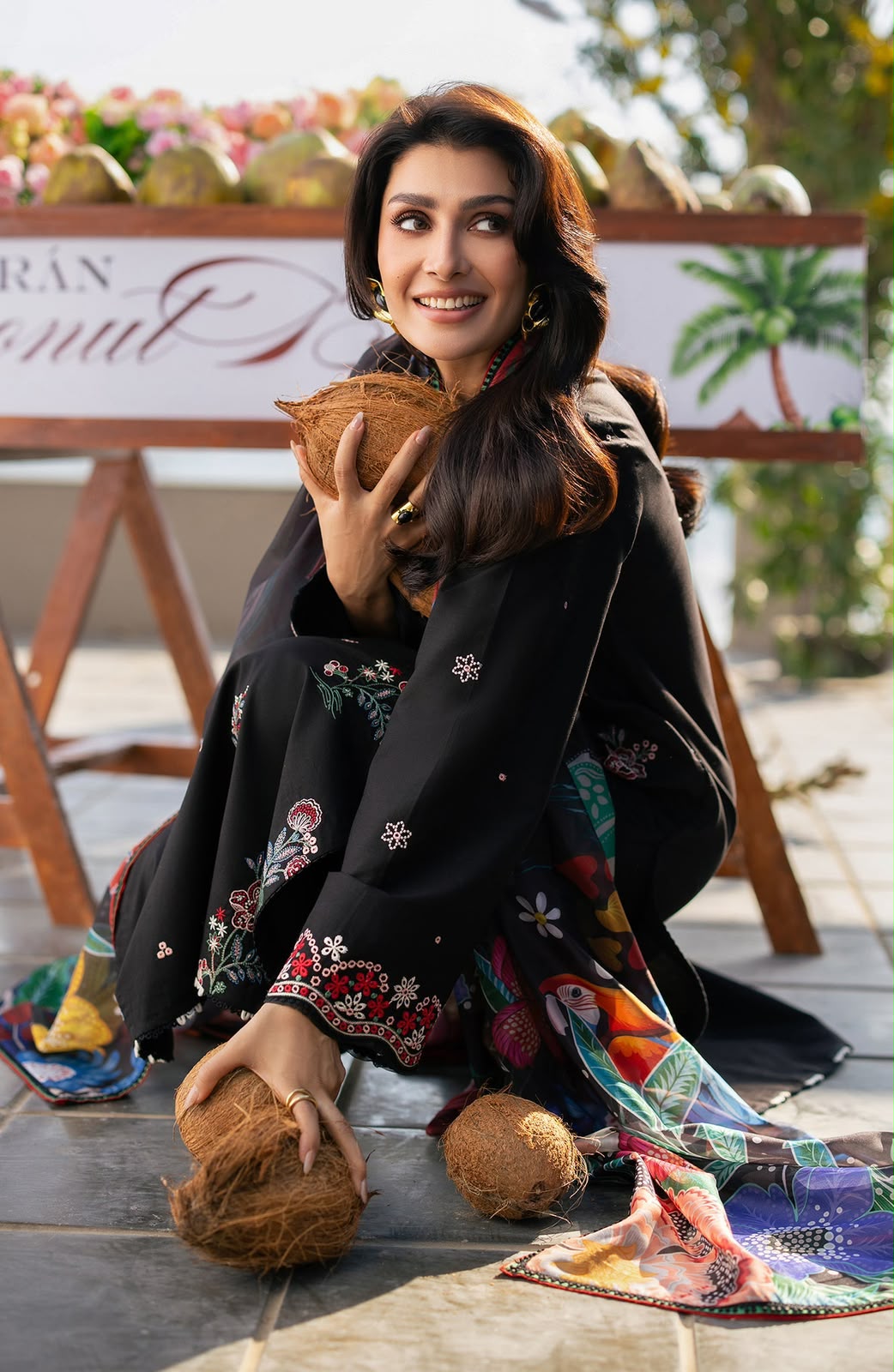 Black Floral Heavy Embroidered Unstitched Dhanak 3 Piece Suit with Digital Printed Shawl - detail view