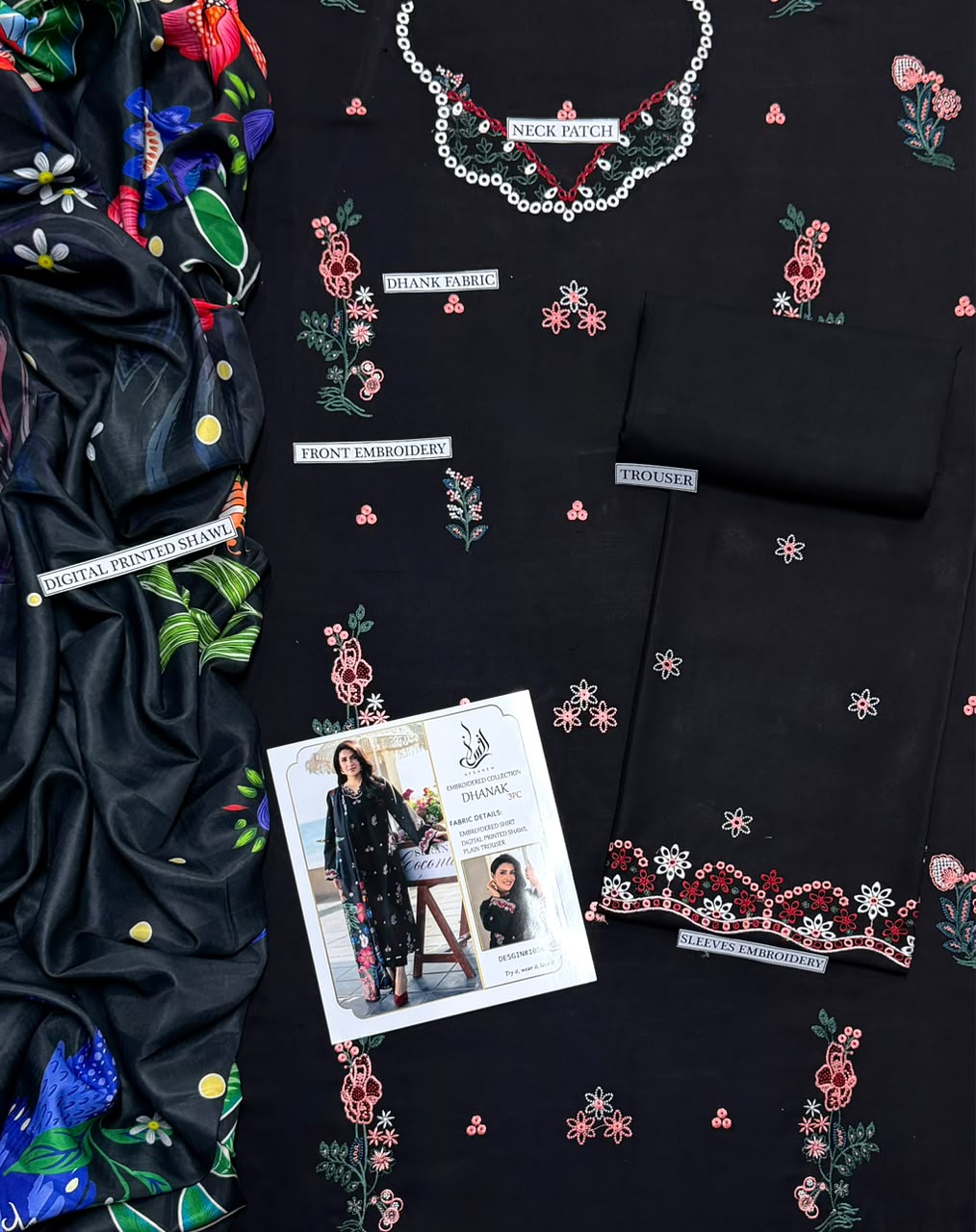 Black Floral Heavy Embroidered Unstitched Dhanak 3 Piece Suit with Digital Printed Shawl - fabric closeup