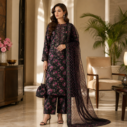 Black Magenta Floral Embroidered 3 Piece Unstitched Lawn Suit – image 1 of 3