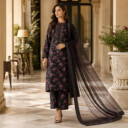 Black Magenta Floral Embroidered 3 Piece Unstitched Lawn Suit – image 2 of 3