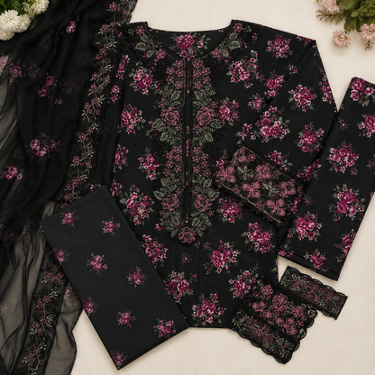 Black Magenta Floral Embroidered 3 Piece Unstitched Lawn Suit – image 3 of 3
