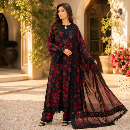 Black Red Floral Embroidered 3 Piece Unstitched Lawn Suit – image 1 of 3