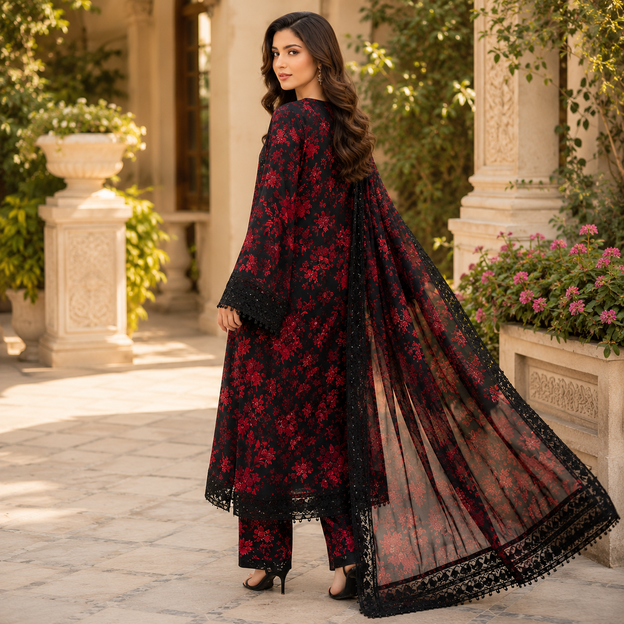 Black Red Floral Embroidered 3 Piece Unstitched Lawn Suit – image 2 of 3