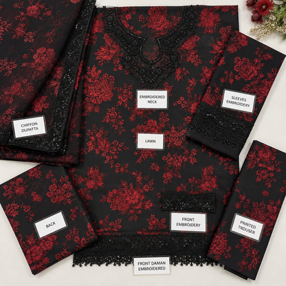 Black Red Floral Embroidered 3 Piece Unstitched Lawn Suit – image 3 of 3
