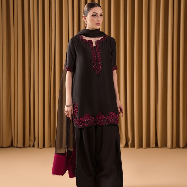 Black Ruby Black Heavy Embroidered Unstitched Shamooz Silk 3 Piece Suit – image 3 of 7