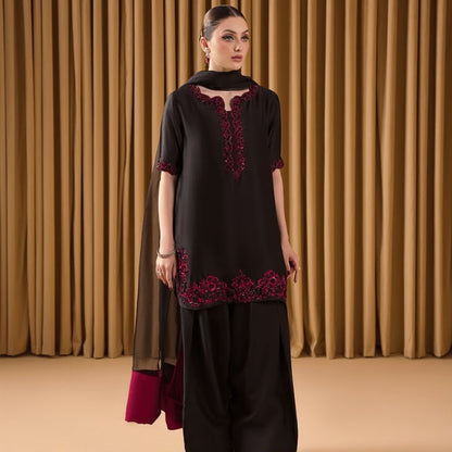 Black Ruby Black Heavy Embroidered Unstitched Shamooz Silk 3 Piece Suit – image 3 of 7