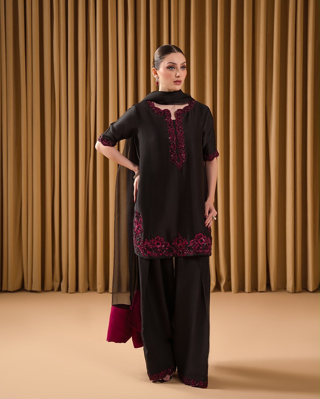 Black Ruby Black Heavy Embroidered Unstitched Shamooz Silk 3 Piece Suit – image 1 of 7