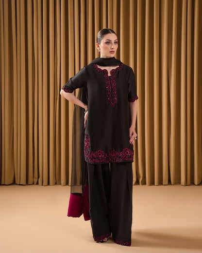 Black Ruby Black Heavy Embroidered Unstitched Shamooz Silk 3 Piece Suit – image 1 of 7
