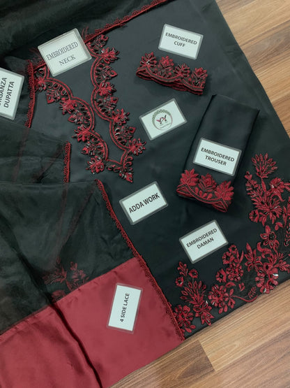 Black Ruby Black Heavy Embroidered Unstitched Shamooz Silk 3 Piece Suit – image 6 of 7