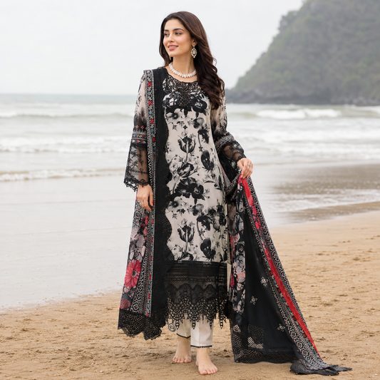 Black White Floral Digital Print 3 Piece Lawn Suit – Inspired by Nureh – image 1 of 3