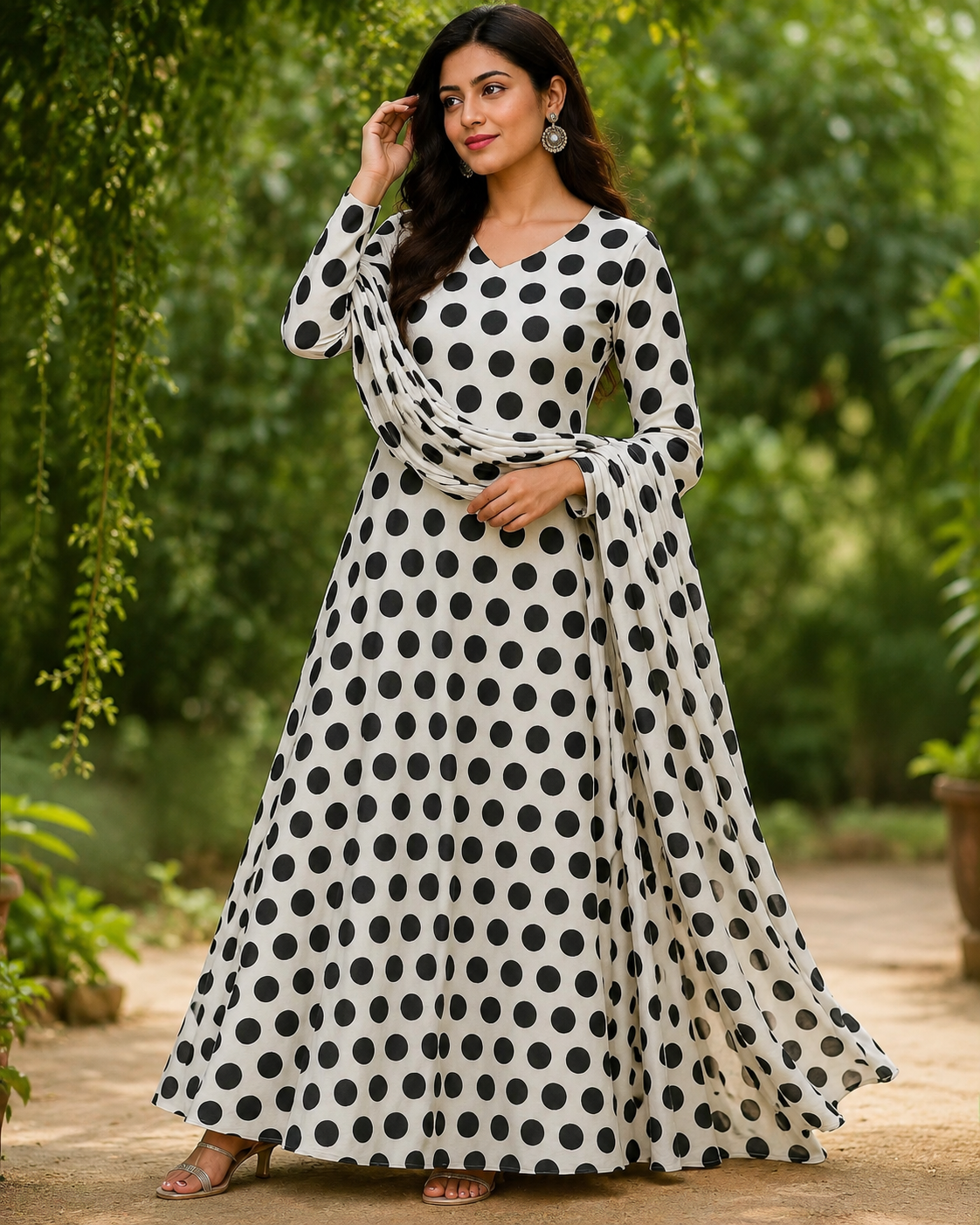 Black & White Polka Dot Digital Printed Shamooz Silk 3 Piece Suit – image 1 of 2
