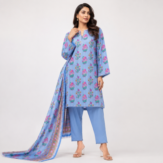 Blue Floral Digital Print 3 Piece Lawn Suit – Inspired by Khaadi – image 1 of 2