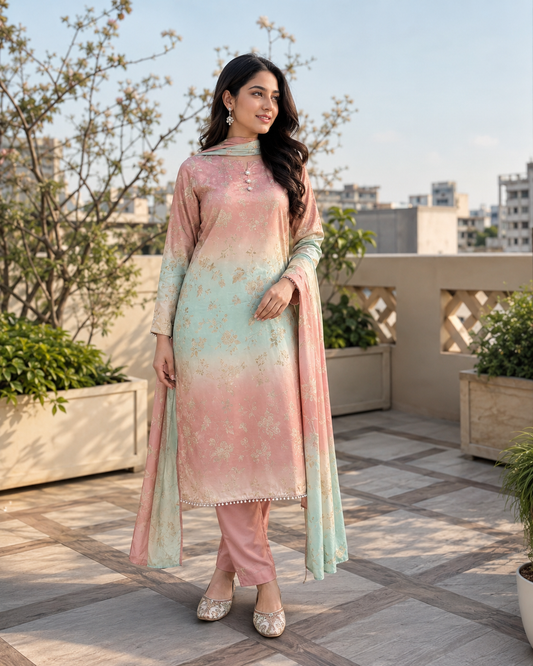 Blush Pink Mint Ombre Digital Printed Shamooz Silk 3 Piece Suit – image 1 of 2