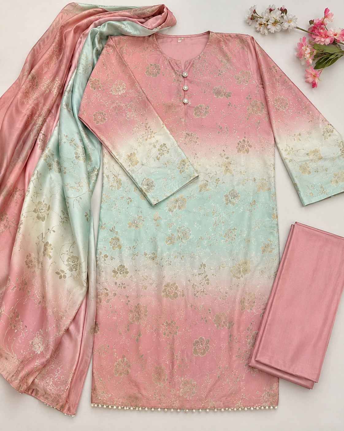 Blush Pink Mint Ombre Digital Printed Shamooz Silk 3 Piece Suit – image 2 of 2