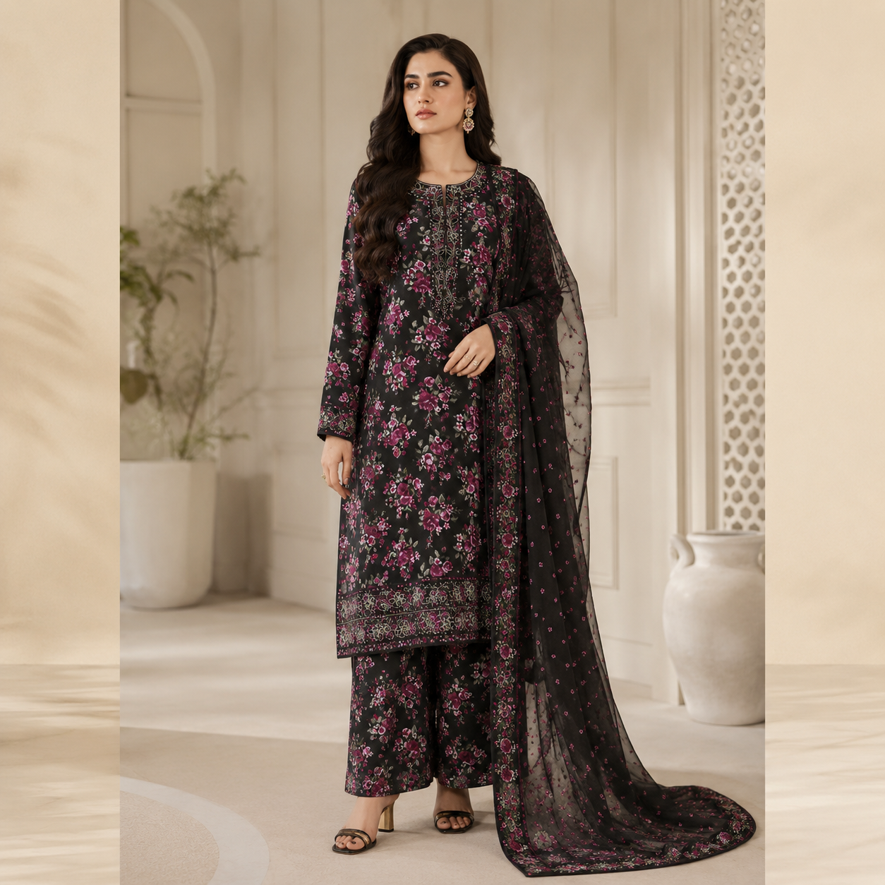 Bottle Green Embroidered Digital Print 3 Piece Lawn Suit – Inspired by Iznik – image 1 of 3