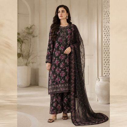 Bottle Green Embroidered Digital Print 3 Piece Lawn Suit – Inspired by Iznik – image 1 of 3