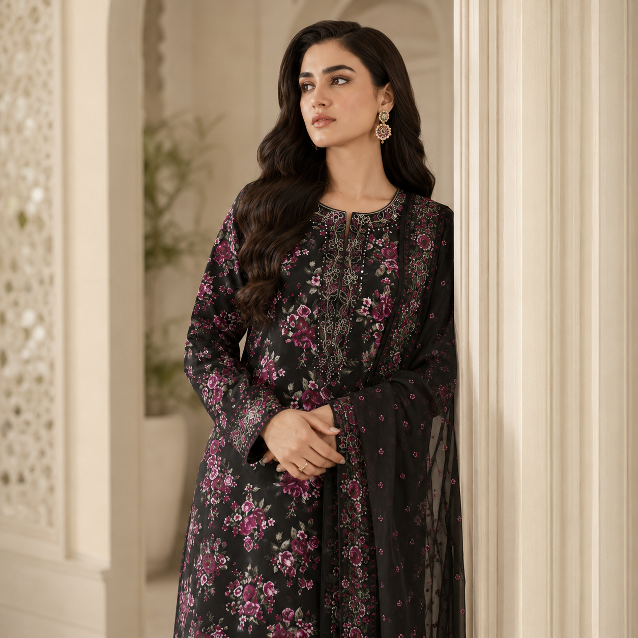 Bottle Green Embroidered Digital Print 3 Piece Lawn Suit – Inspired by Iznik – image 2 of 3