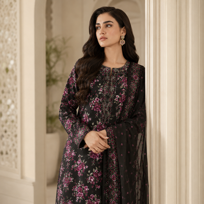 Bottle Green Embroidered Digital Print 3 Piece Lawn Suit – Inspired by Iznik – image 2 of 3