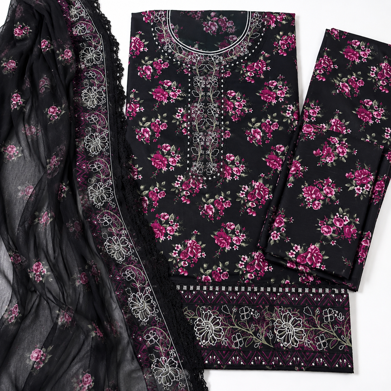 Bottle Green Embroidered Digital Print 3 Piece Lawn Suit – Inspired by Iznik – image 3 of 3