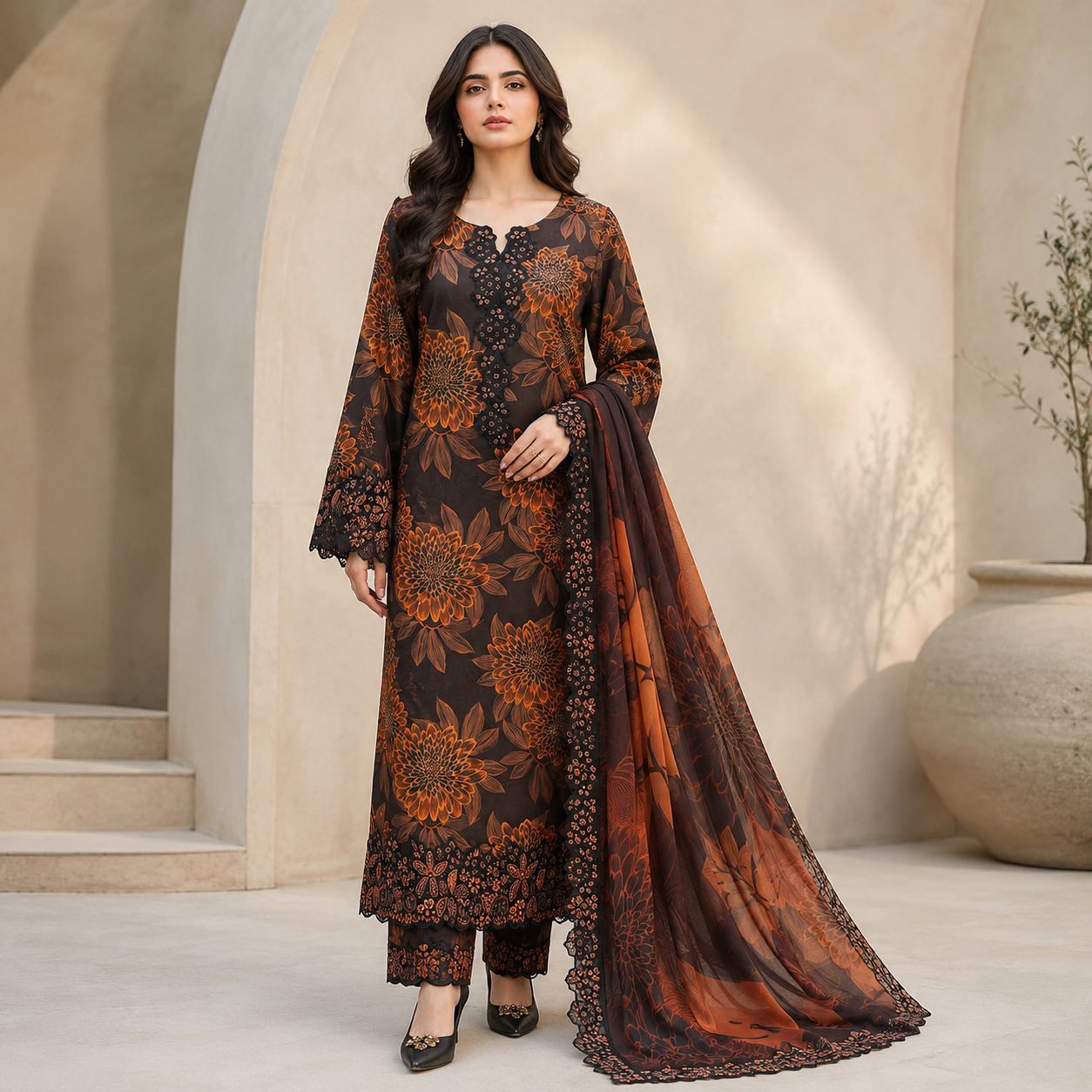Brown Floral Embroidered 3 Piece Unstitched Lawn Suit – image 1 of 3
