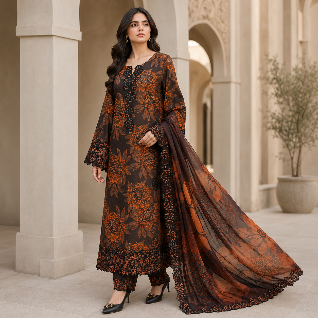 Brown Floral Embroidered 3 Piece Unstitched Lawn Suit – image 2 of 3