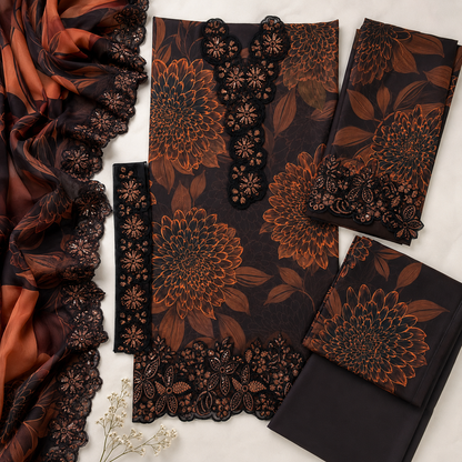 Brown Floral Embroidered 3 Piece Unstitched Lawn Suit – image 3 of 3
