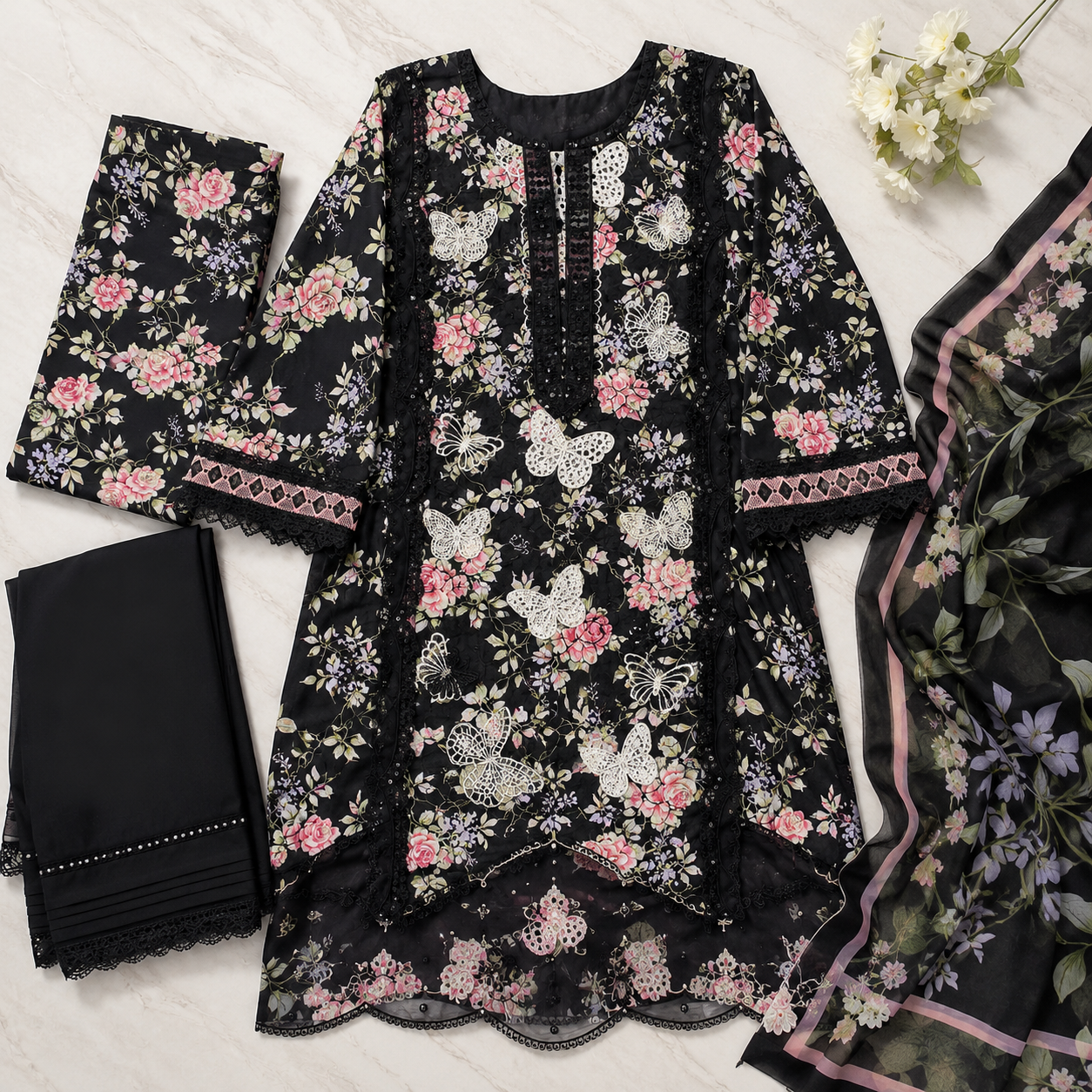 Butterfly Embroidered 3 Piece Unstitched Lawn Chikankari Suit – Black – image 3 of 3