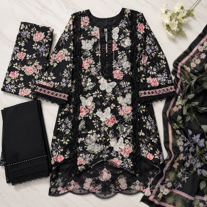 Butterfly Embroidered 3 Piece Unstitched Lawn Chikankari Suit – Black – image 3 of 3