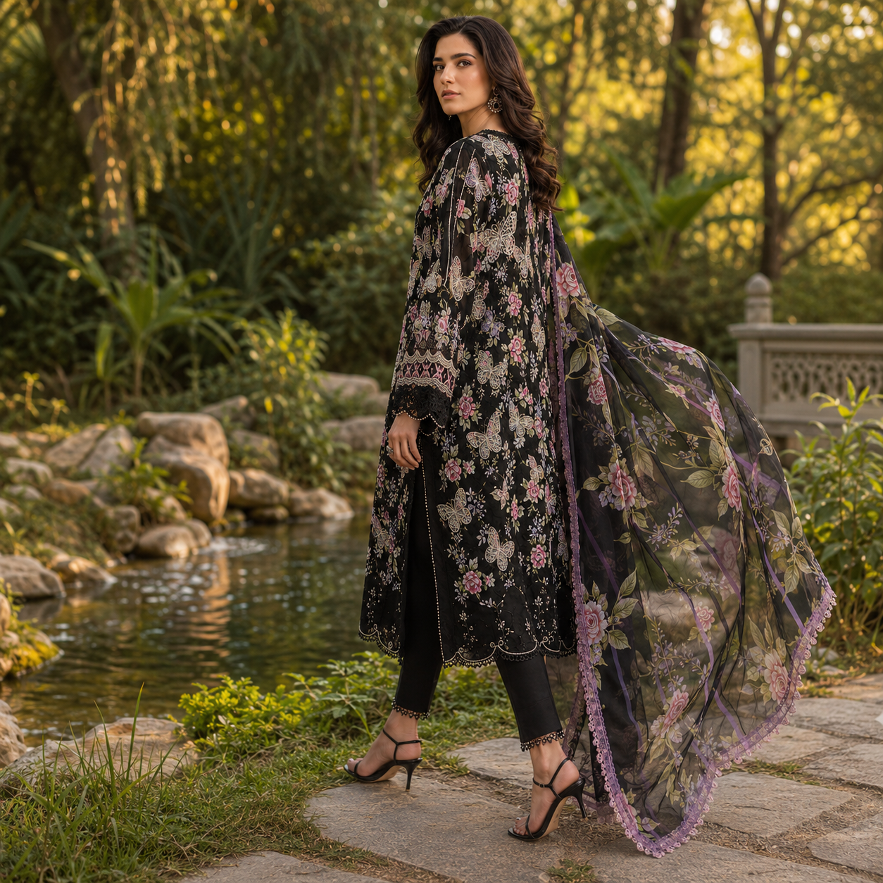 Butterfly Embroidered 3 Piece Unstitched Lawn Chikankari Suit – Black – image 1 of 3