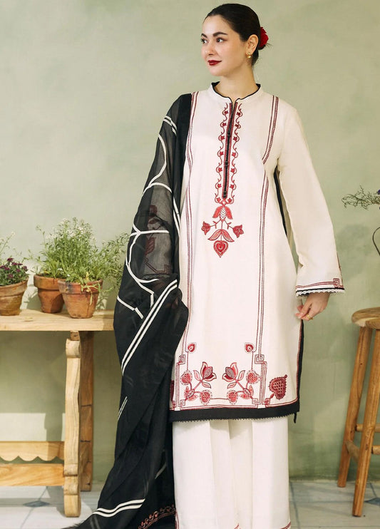 COCO by Zara Shahjahan Ivory Maroon Heavy Embroidered Unstitched Dhanak 3 Piece Suit with Digital Printed Shawl – image 1 of 3