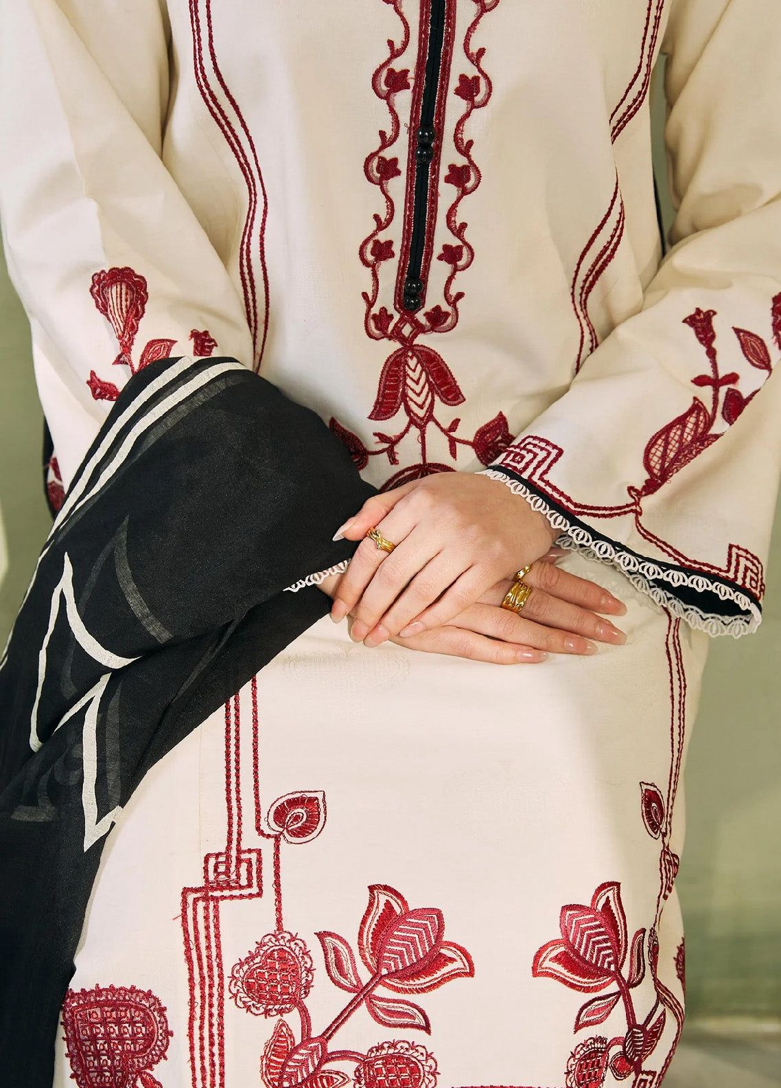 COCO by Zara Shahjahan Ivory Maroon Heavy Embroidered Unstitched Dhanak 3 Piece Suit with Digital Printed Shawl – image 2 of 3