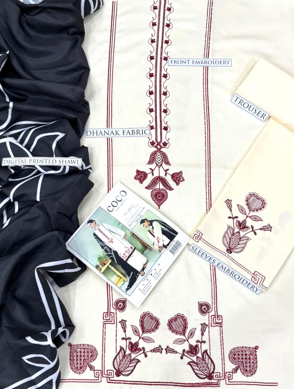 COCO by Zara Shahjahan Ivory Maroon Heavy Embroidered Unstitched Dhanak 3 Piece Suit with Digital Printed Shawl – image 3 of 3