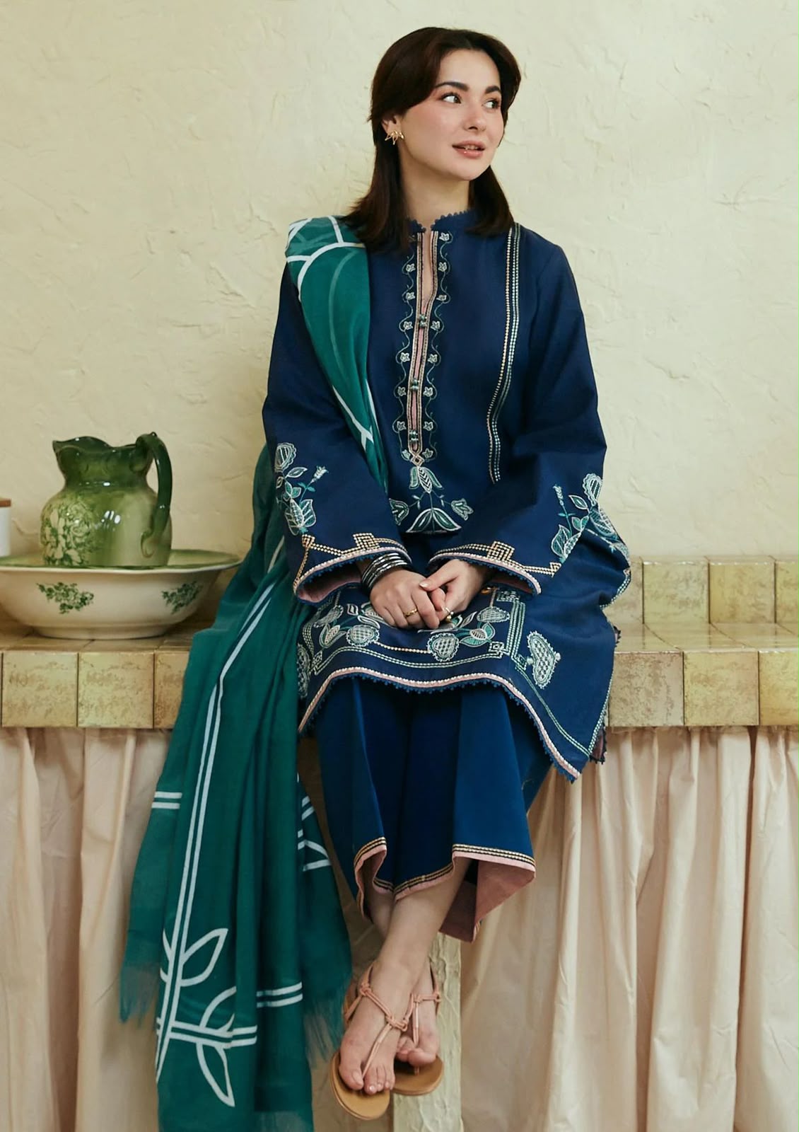 COCO by Zara Shahjahan Navy Blue Heavy Embroidered Unstitched Dhanak 3 Piece Suit with Digital Printed Shawl – image 1 of 3