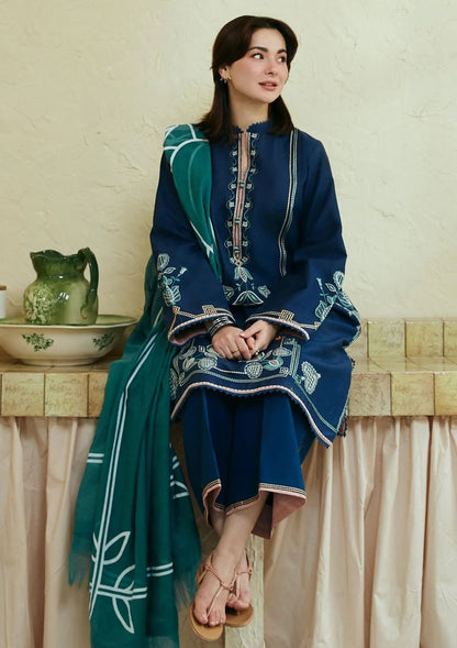 COCO by Zara Shahjahan Navy Blue Heavy Embroidered Unstitched Dhanak 3 Piece Suit with Digital Printed Shawl – image 1 of 3