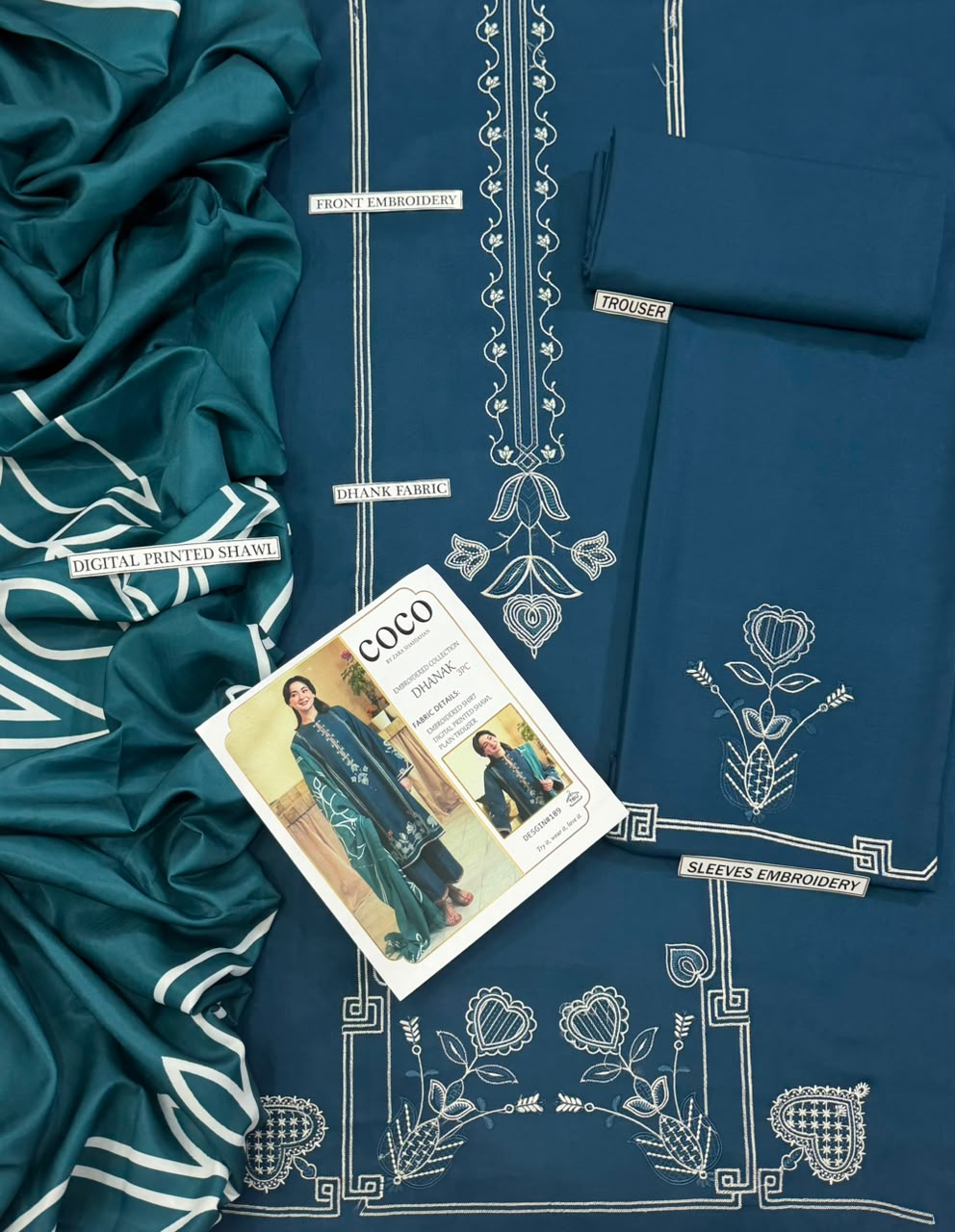 COCO by Zara Shahjahan Navy Blue Heavy Embroidered Unstitched Dhanak 3 Piece Suit with Digital Printed Shawl – image 3 of 3