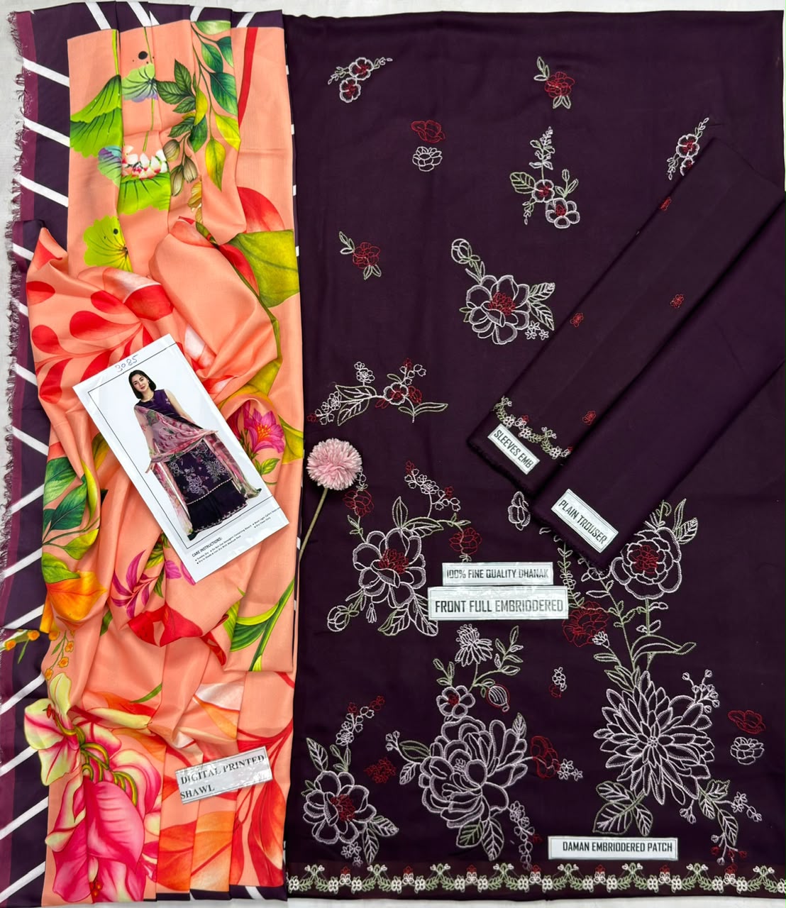 COCO by Zara Shahjahan Purple Embroidered Unstitched Dhanak 3 Piece Suit with Wool Shawl – image 3 of 5