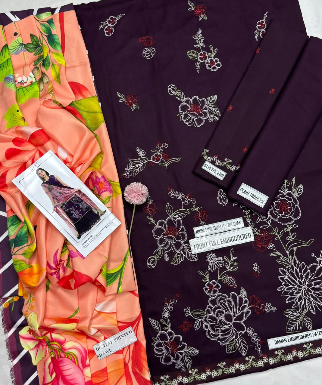 COCO by Zara Shahjahan Purple Embroidered Unstitched Dhanak 3 Piece Suit with Wool Shawl – image 5 of 5