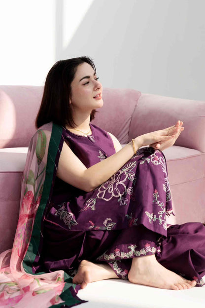 COCO by Zara Shahjahan Purple Embroidered Unstitched Dhanak 3 Piece Suit with Wool Shawl – image 1 of 5